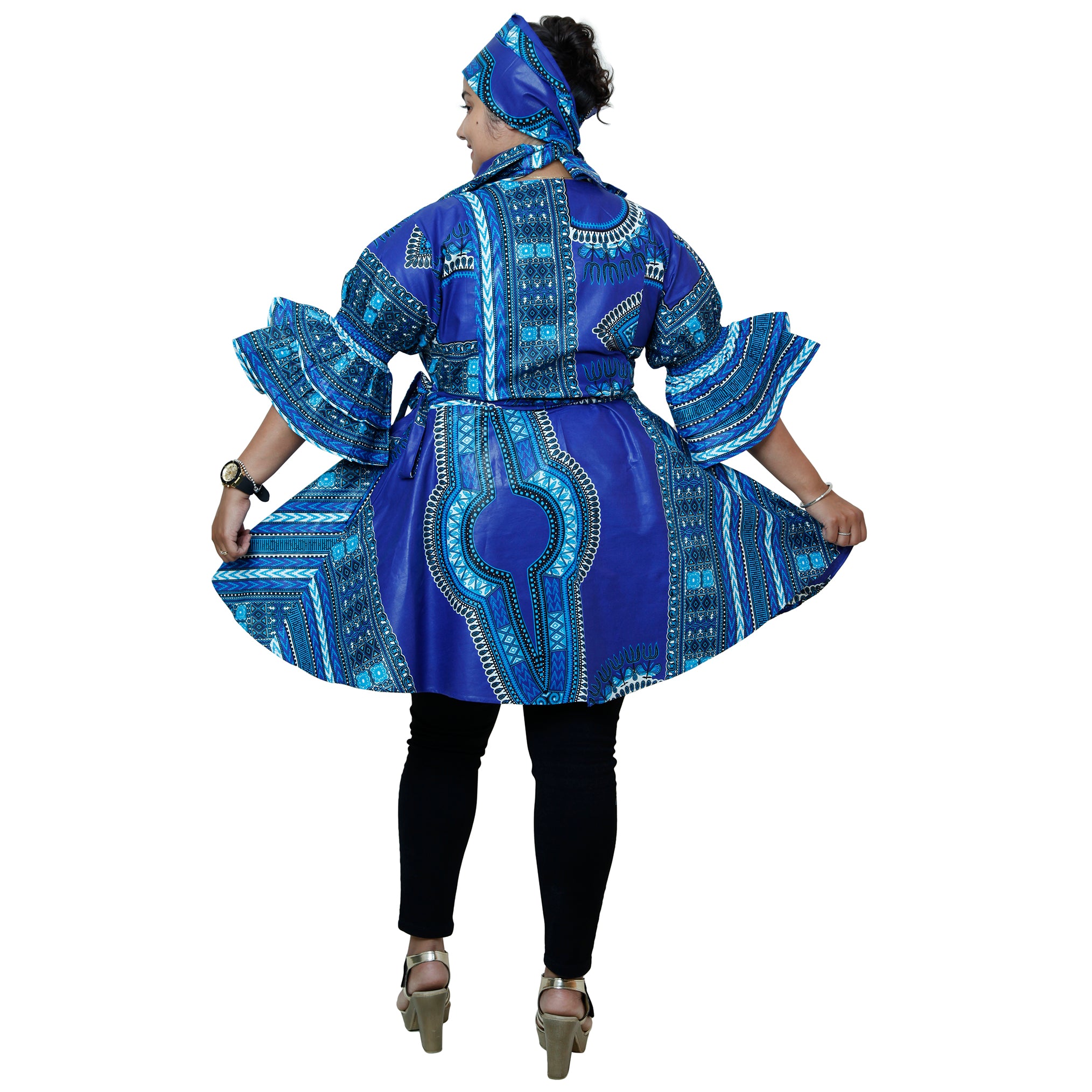 Women's Dashiki Wrap Short Dress with Frill Sleeves -- FI-D74