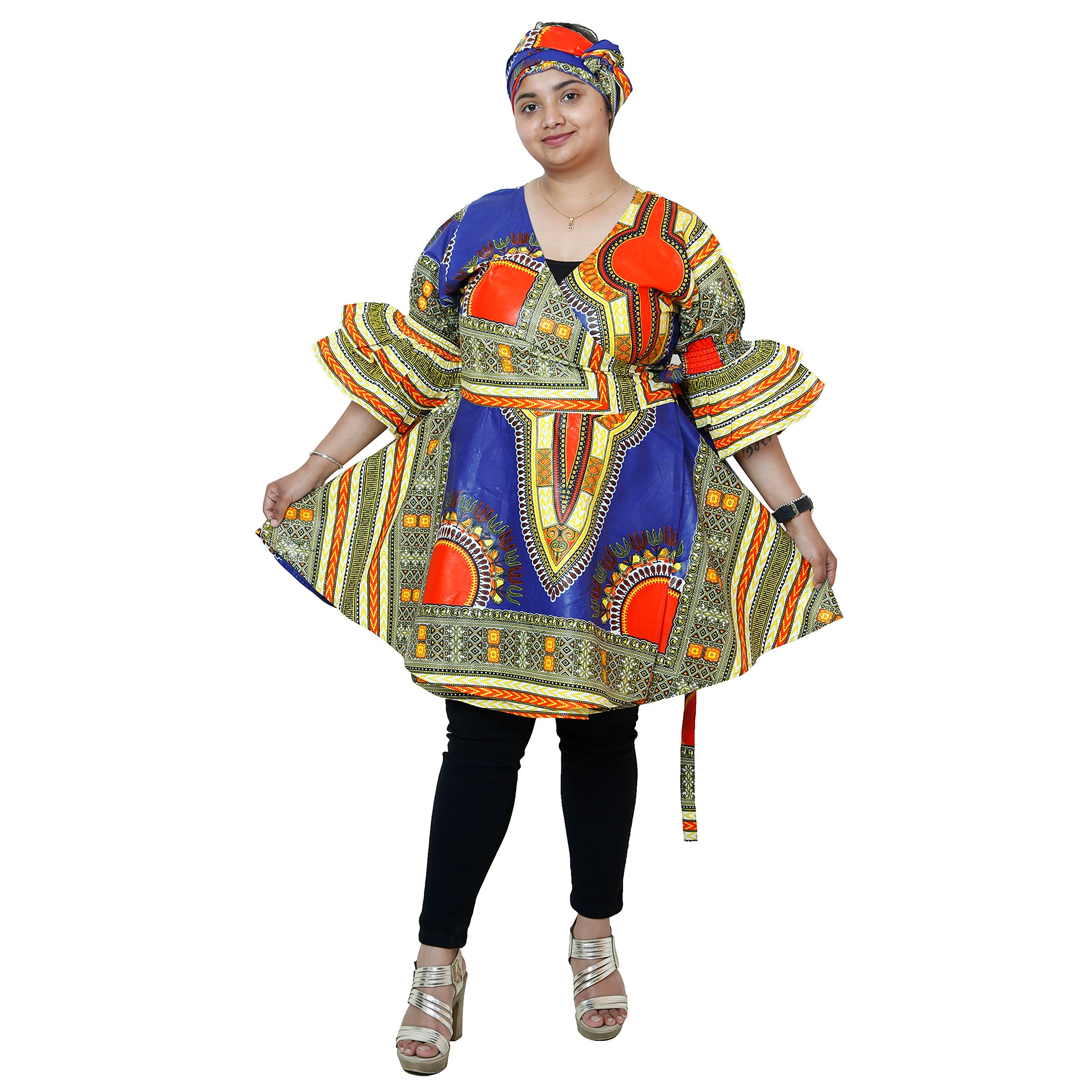 Women's Dashiki Wrap Short Dress with Frill Sleeves -- FI-D74