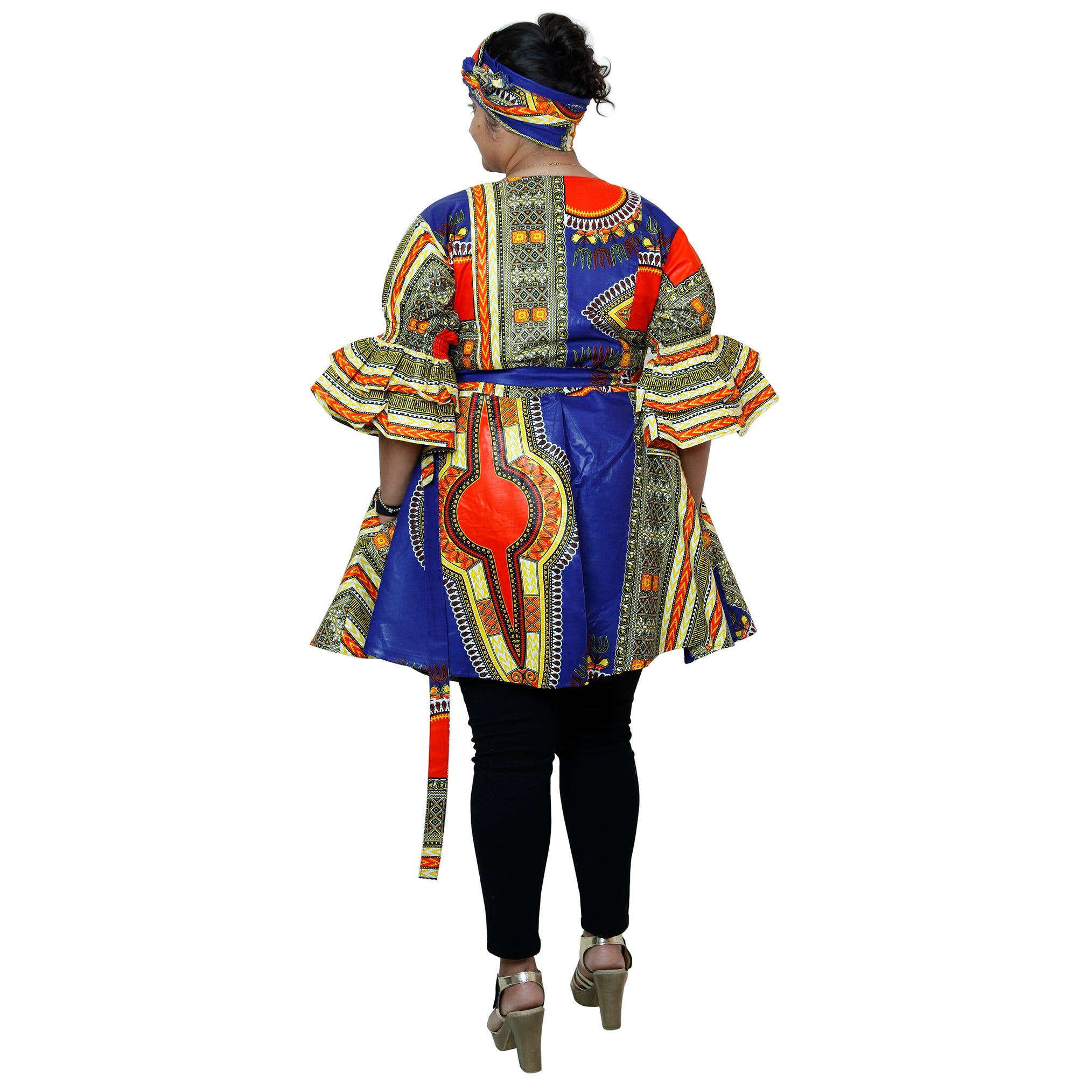 Women's Dashiki Wrap Short Dress with Frill Sleeves -- FI-D74