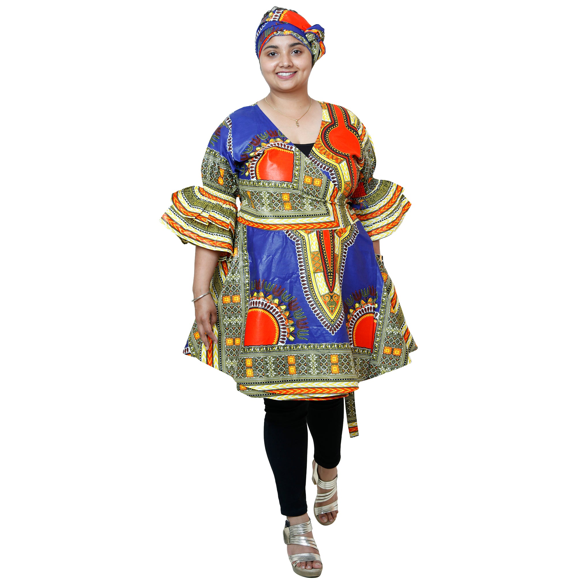 Women's Dashiki Wrap Short Dress with Frill Sleeves -- FI-D74