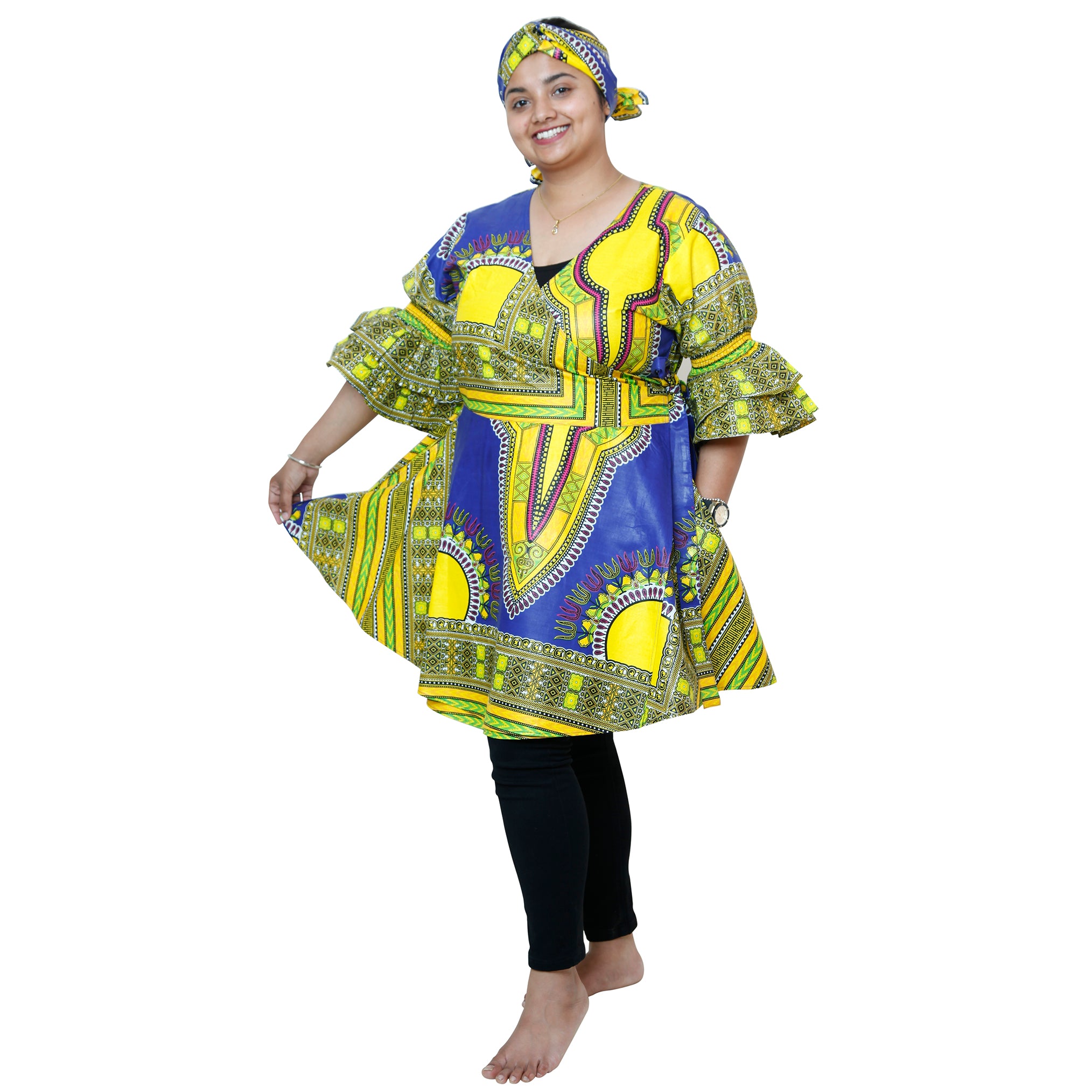 Women's Dashiki Wrap Short Dress with Frill Sleeves -- FI-D74