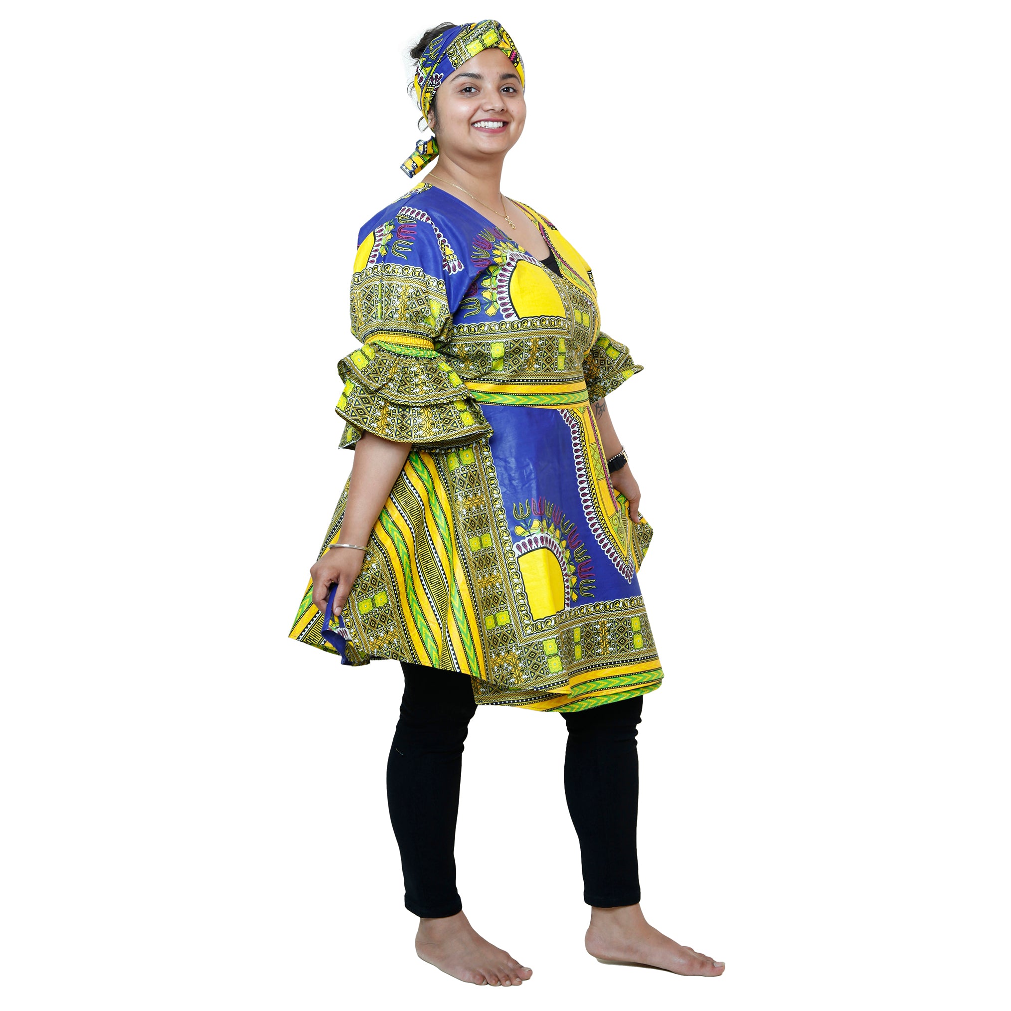 Women's Dashiki Wrap Short Dress with Frill Sleeves -- FI-D74