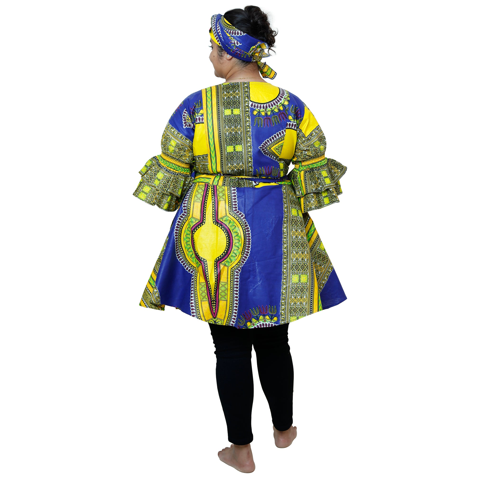 Women's Dashiki Wrap Short Dress with Frill Sleeves -- FI-D74