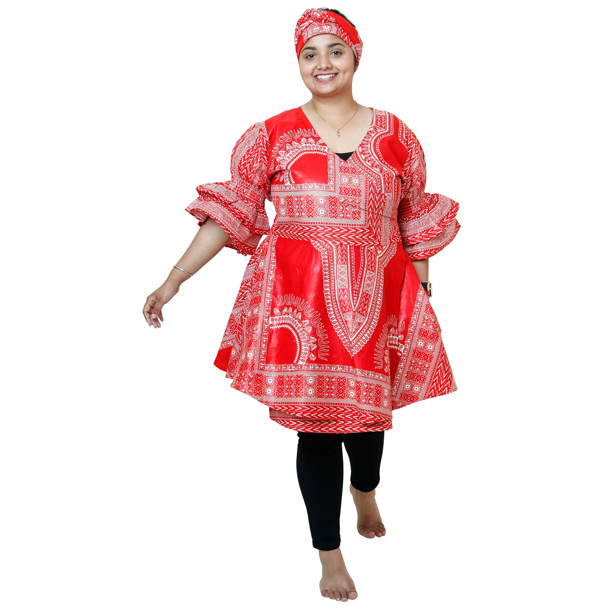 Women's Dashiki Wrap Short Dress with Frill Sleeves -- FI-D74