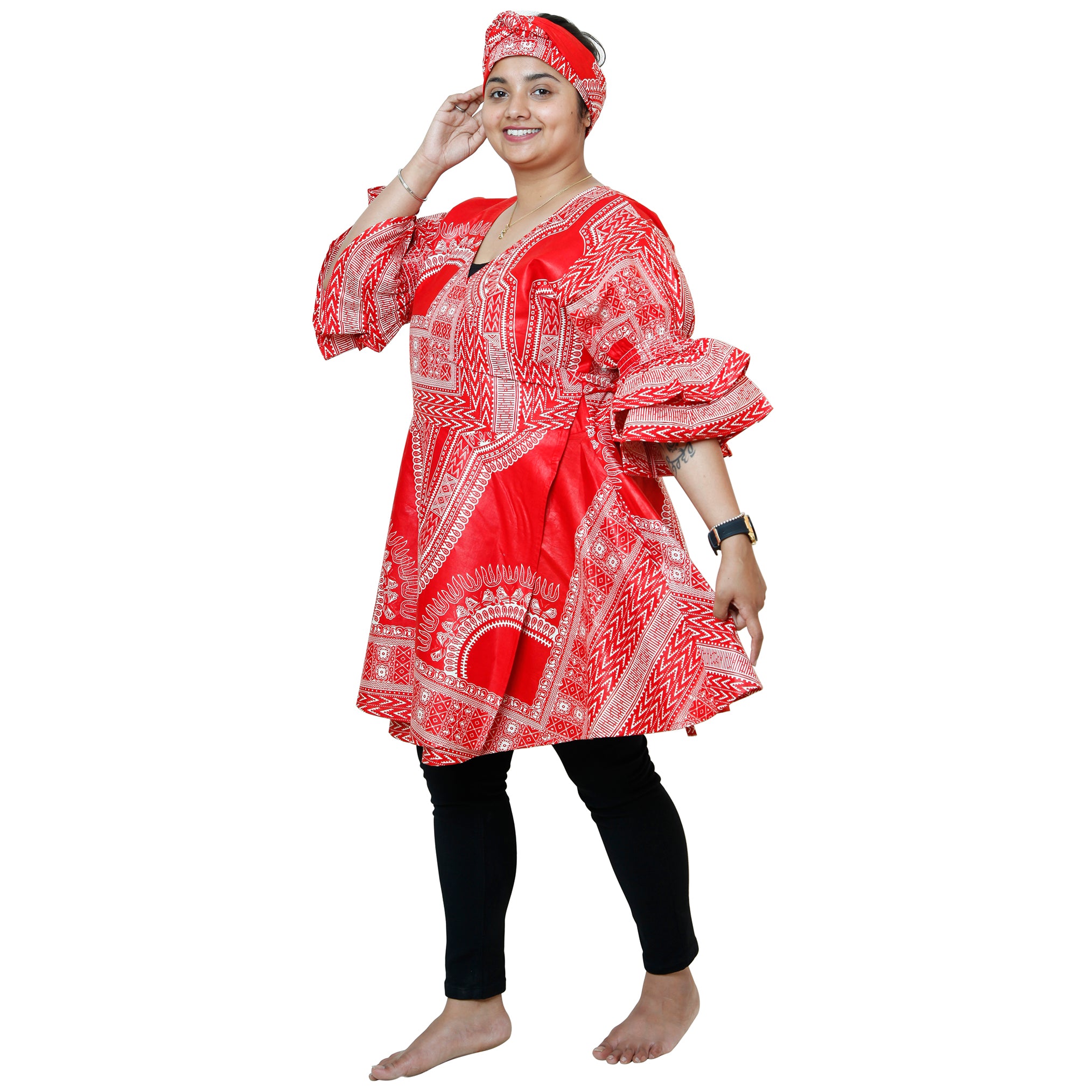 Women's Dashiki Wrap Short Dress with Frill Sleeves -- FI-D74